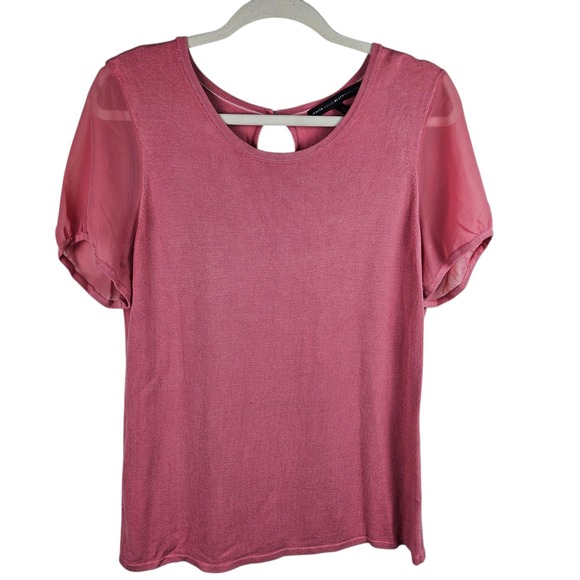 White House Black Market Womens Knit Top Pink Sheer Sleeve Keyhole Back L - Picture 1 of 11